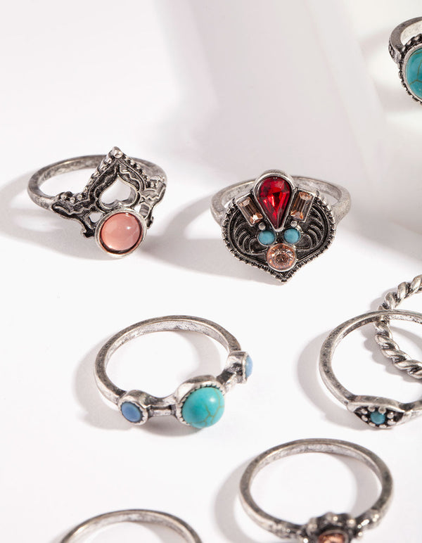 Bohemian Silver Mixed Stone Ring Pack