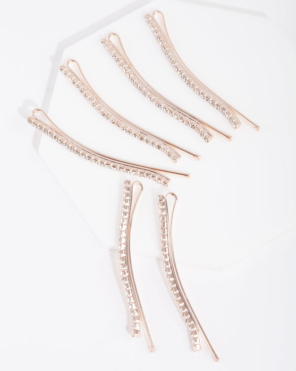 Rose Gold Mini Crystal Hair Pin 6 Pack