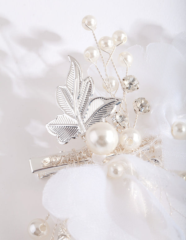Silver White Fabric Flower Hair Clip