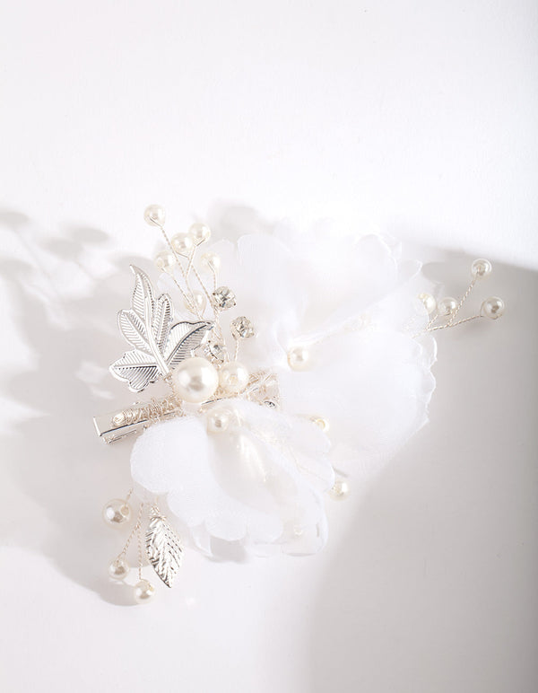 Silver White Fabric Flower Hair Clip
