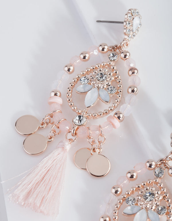Rose Gold Pink Tassel Bead Earrings
