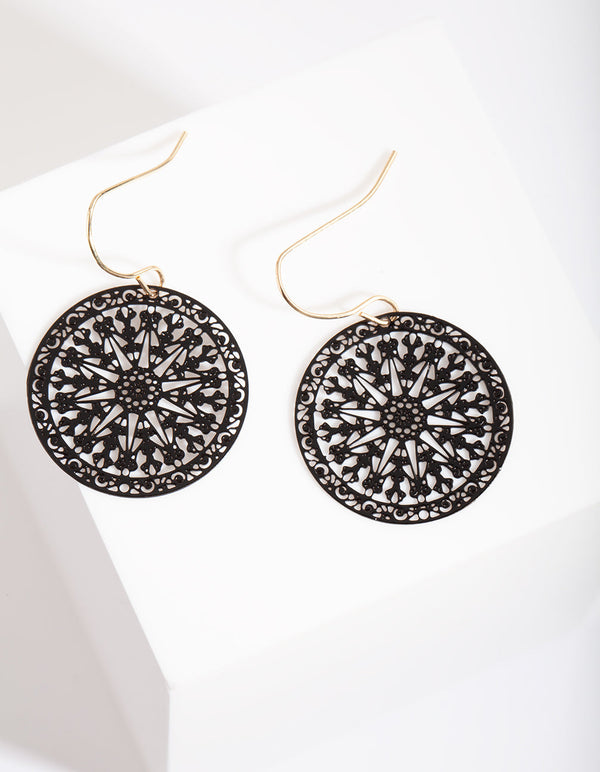Black Intricate Disc Earrings