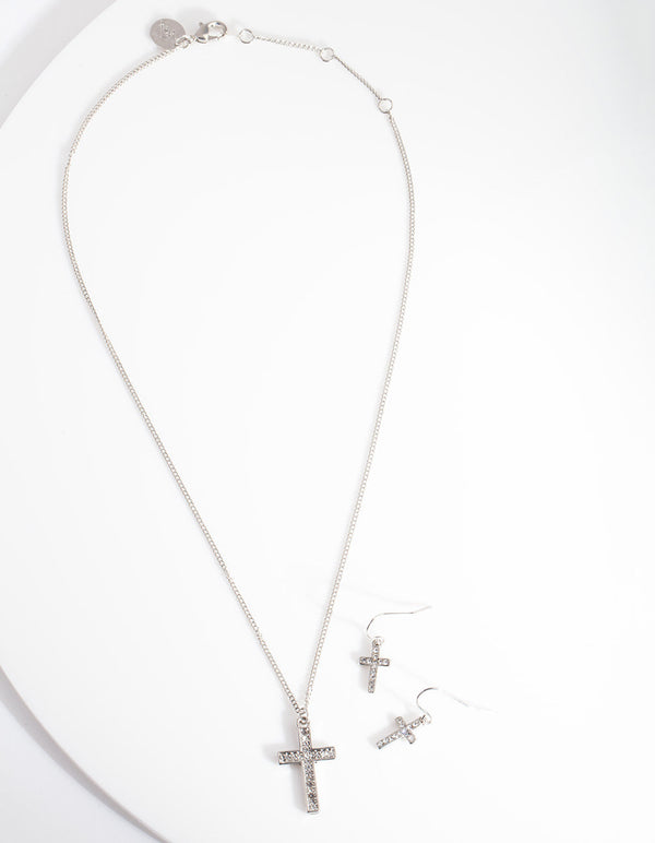 Silver Diamante Cross Necklace