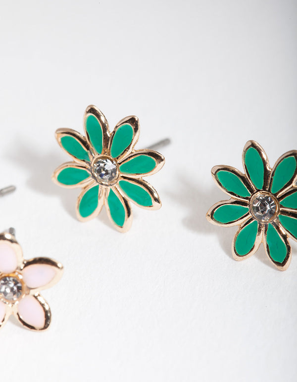 Green Pink Flower Stud 2 Pack