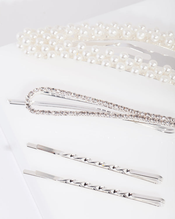 Silver Mix & Match Pearl and Diamante Clip 4 Pack