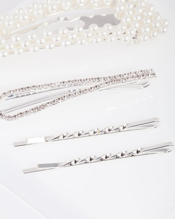 Silver Mix & Match Pearl and Diamante Clip 4 Pack