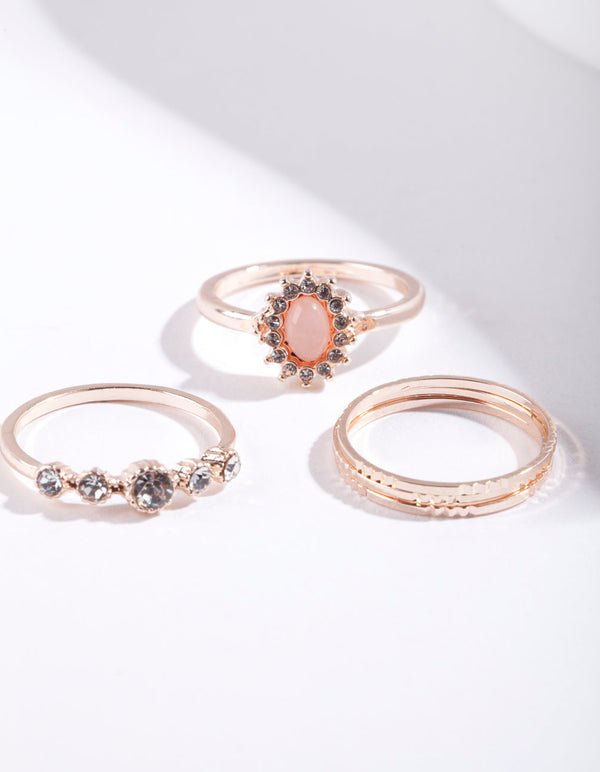 Rose Gold Stone Diamante 5 Pack Ring Stack