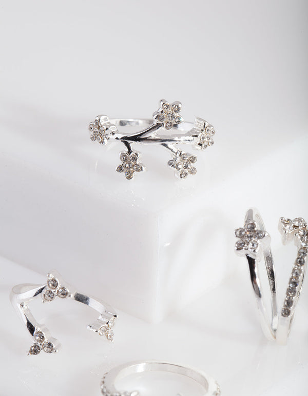 Silver Floral Diamante Ring Pack