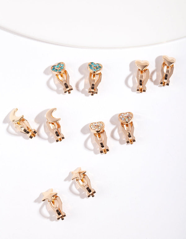 Gold Shapes Clip On Earring 5 Pack