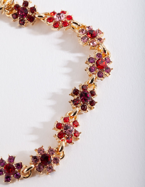 Gold Red Gem Floral Bracelet