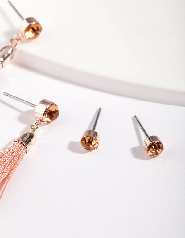 Rose Gold Blush Diamante Tassel Earring Pack
