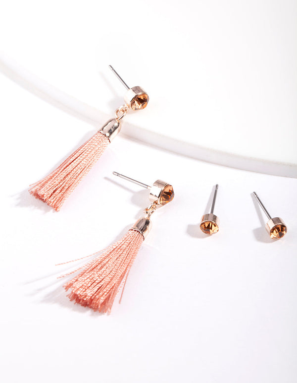 Rose Gold Blush Diamante Tassel Earring Pack
