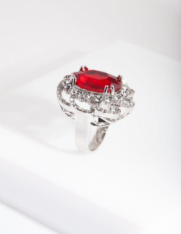 Rhodium Red Stone Statement Ring