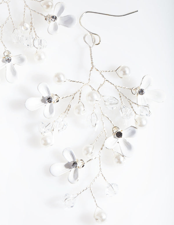 Silver Pearl and Flower Cluster Earrings