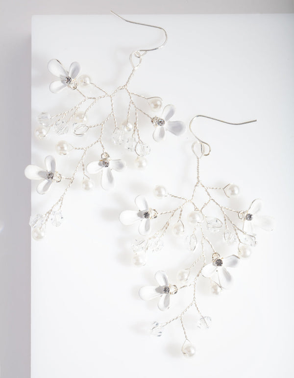 Silver Pearl and Flower Cluster Earrings
