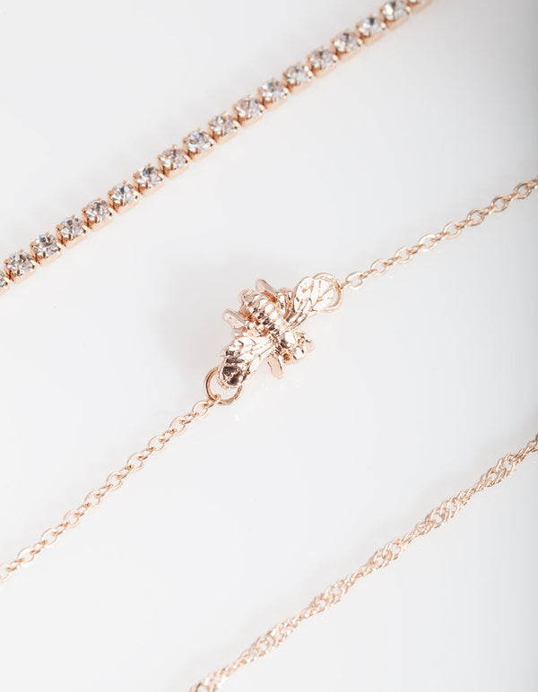 Rose Gold Diamante Bee Anklet Bracelet Pack