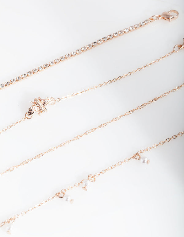 Rose Gold Diamante Bee Anklet Bracelet Pack