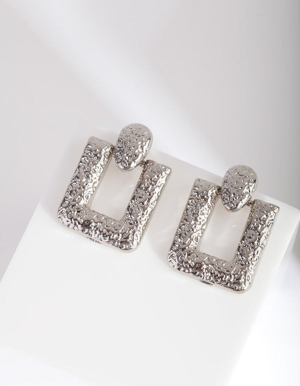 Rhodium Textured Square Drop Earrings