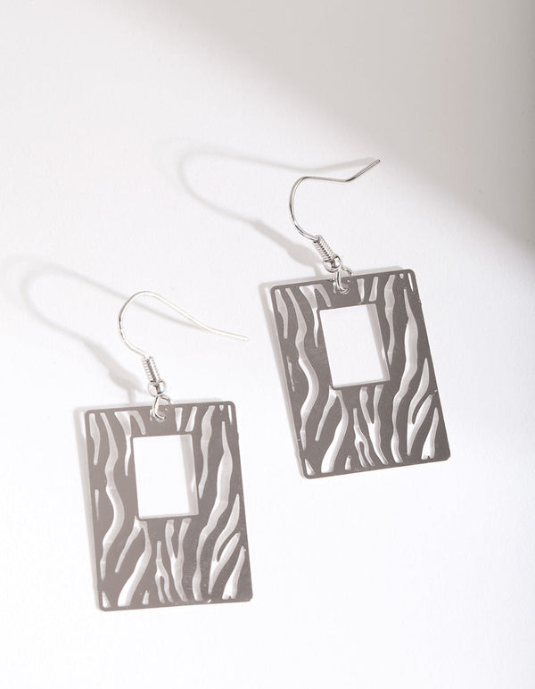 Rhodium Zebra Cut Drop Earrings