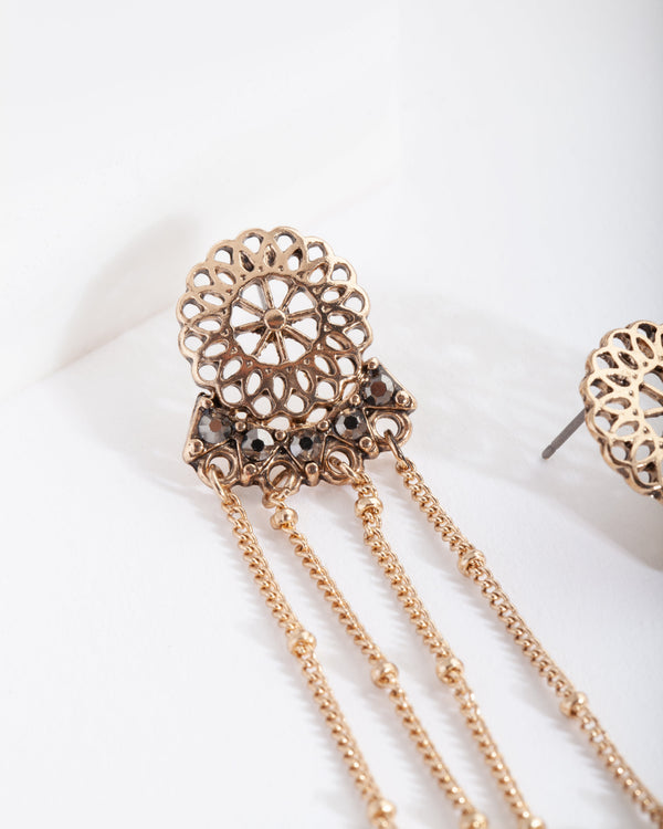 Antique Gold Diamante Chain Earrings