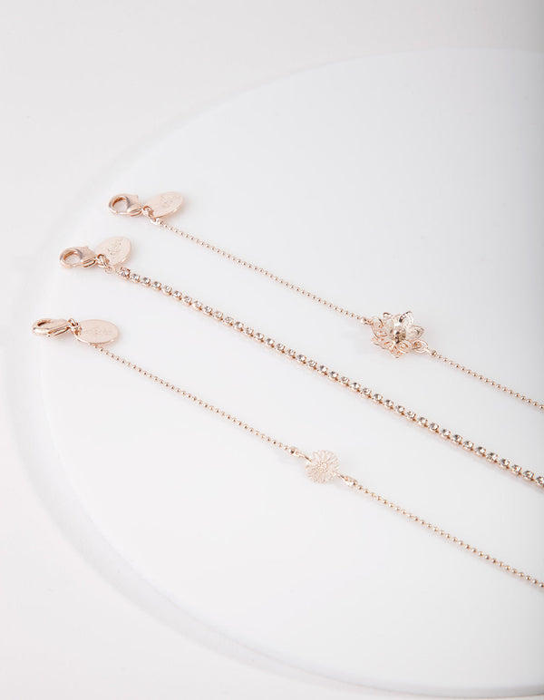 Rose Gold Flower Friendship Anklet Bracelet 3 Pack