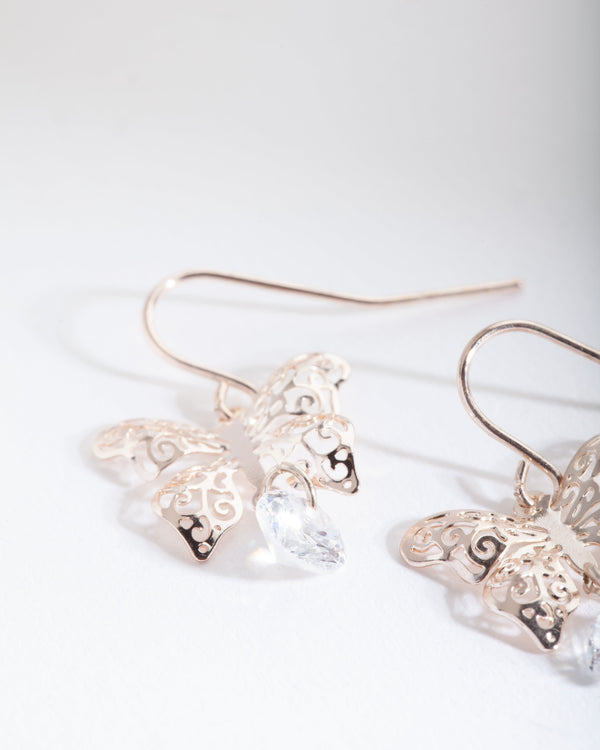 Rose Gold Cubic Zirconia Butterfly Earrings