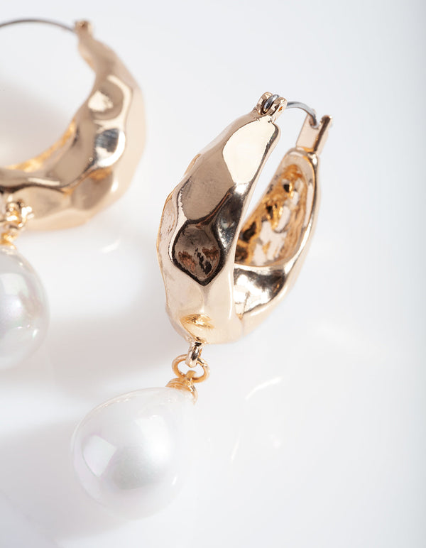 Gold Hoop Earrings with Pearl Teardrop