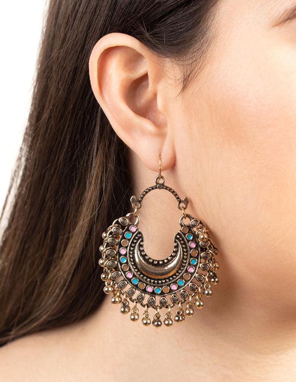 Antique Gold Colourful Disc Drop Earrings