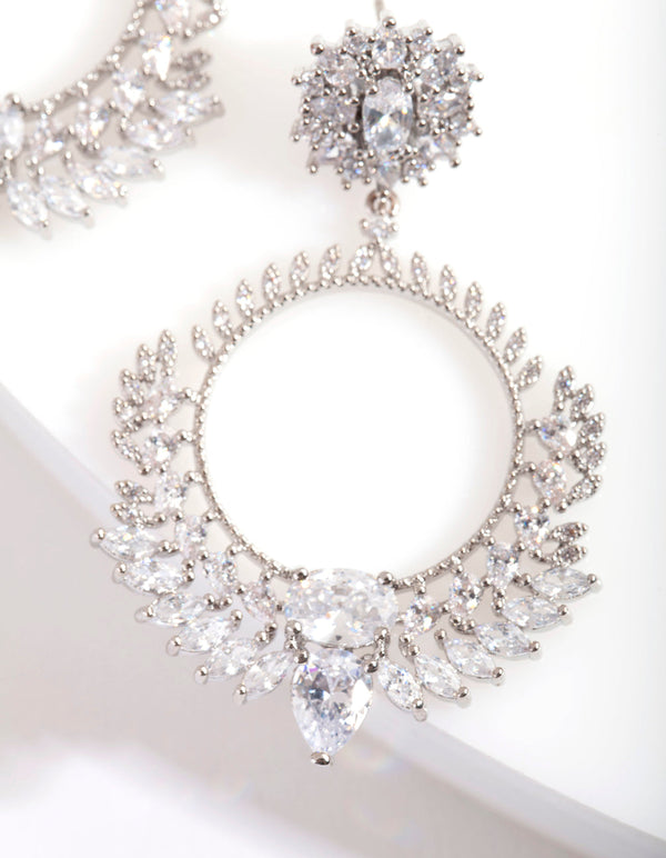 Rhodium Cubic Zirconia Foliage Drop Earrings
