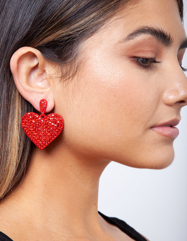 Red Diamante Statement Heart Earring