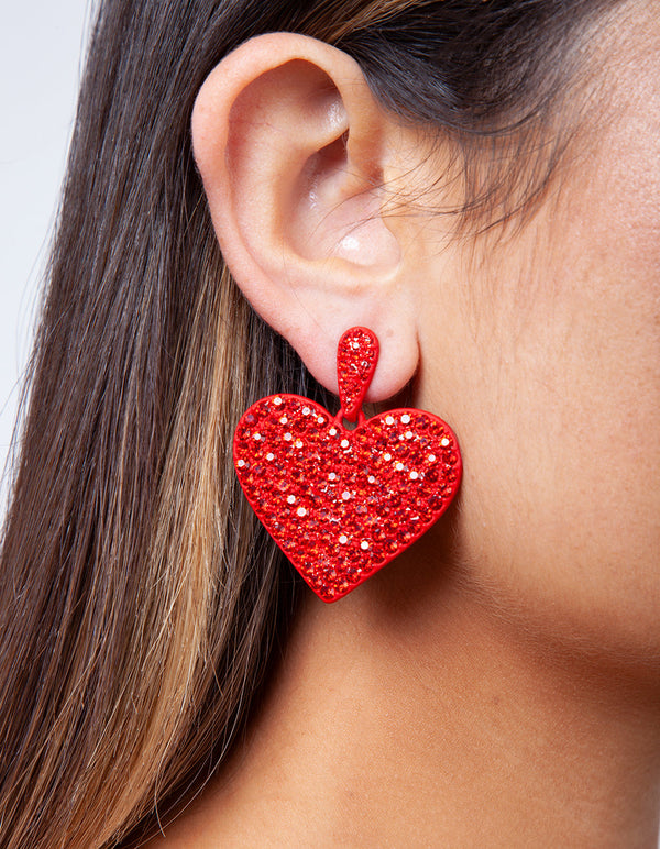 Red Diamante Statement Heart Earring