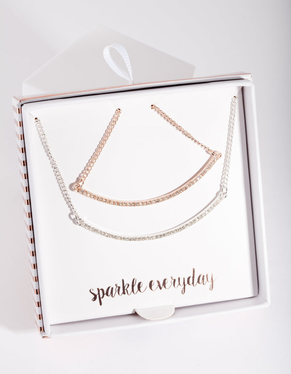 Mixed Metal Diamante Smile Necklace 2 Pack