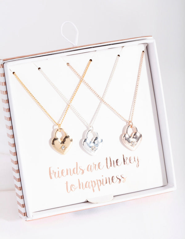 Mixed Metal Love Locks 3 Pack Necklace Set