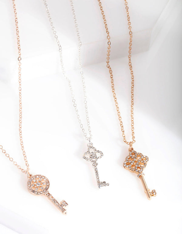 Mixed Metal Diamante Key 3 Pack Necklace