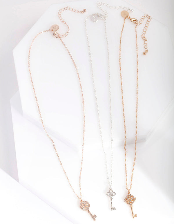 Mixed Metal Diamante Key 3 Pack Necklace