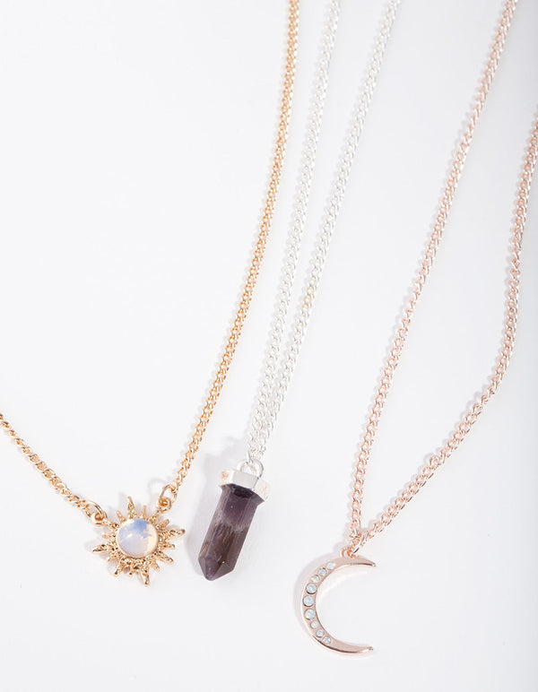 Mixed Metal Celestial Semi Precious Necklace 3 Pack