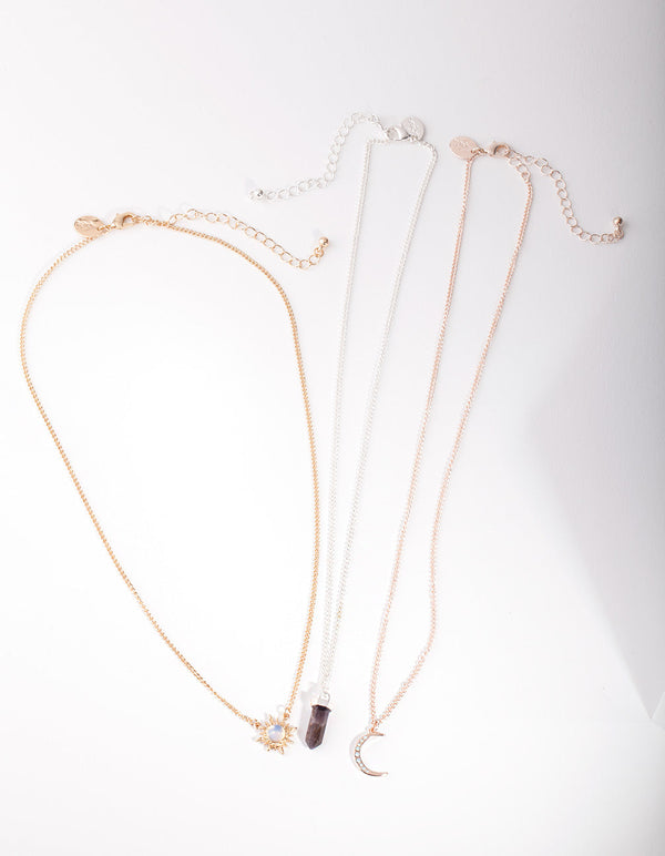 Mixed Metal Celestial Semi Precious Necklace 3 Pack