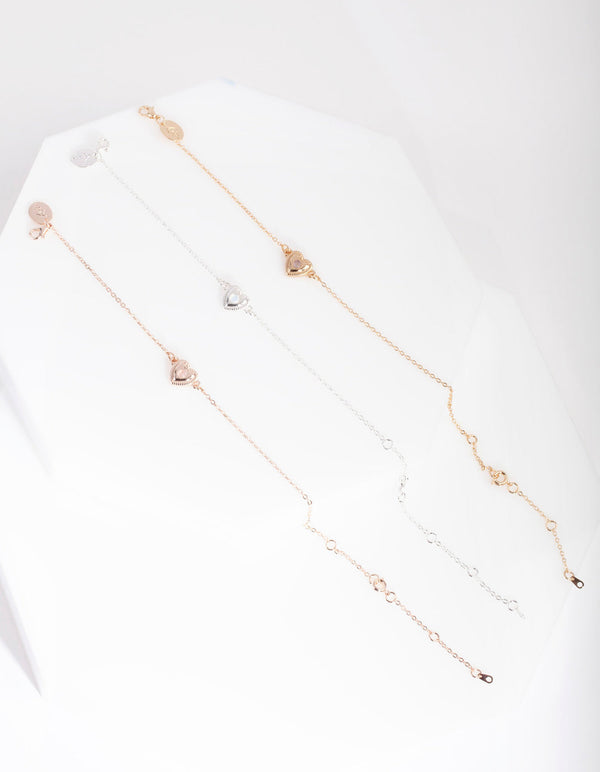 Mixed Metal 3 Pack Semi Precious Heart Bracelet