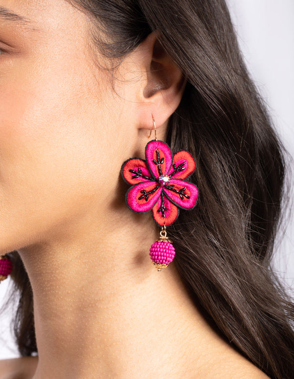 Red Embroidered Flower Earrings