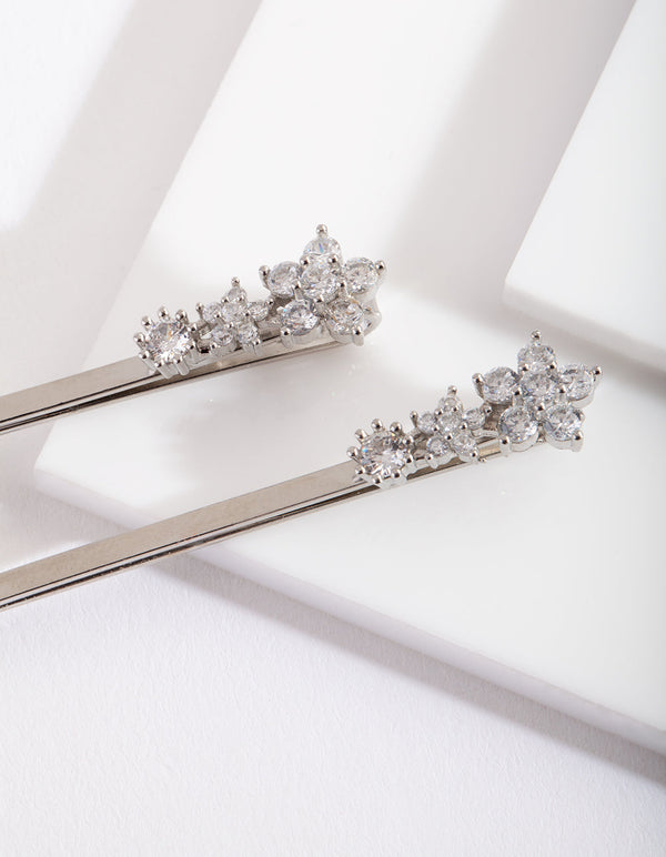 Silver Cubic Zirconia Mini Flower Hair Slide 2-Pack