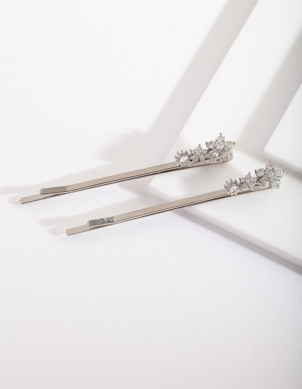 Silver Cubic Zirconia Mini Flower Hair Slide 2-Pack