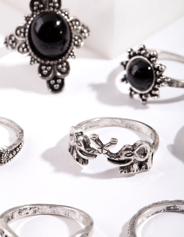 Antique Silver Boho Elephant Style Rings 8 Pack