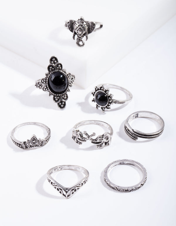 Antique Silver Boho Elephant Style Rings 8 Pack