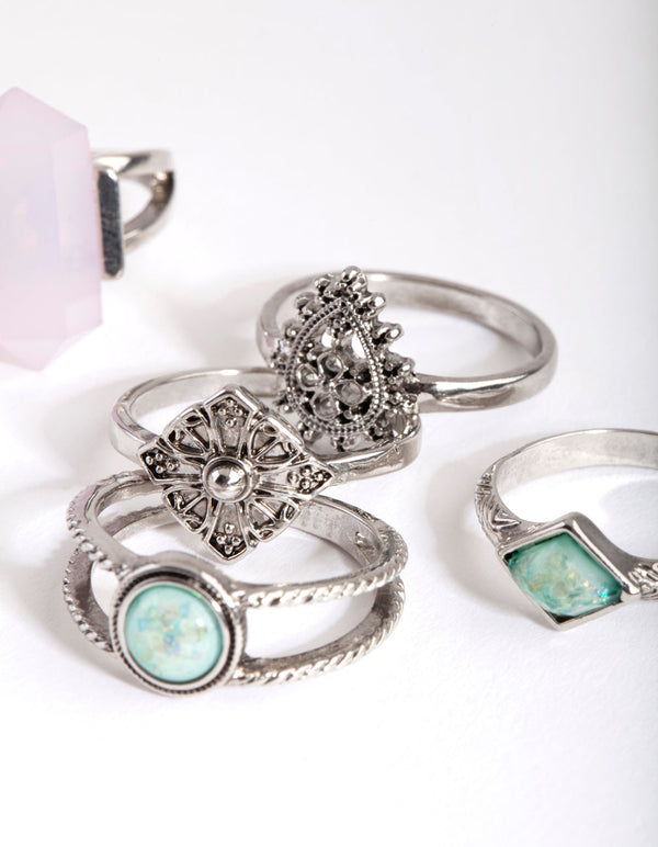 Rhodium Shard and Synthetic Opal Ring Pack