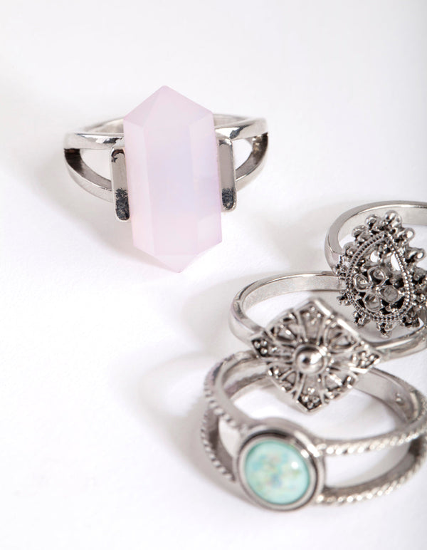 Rhodium Shard and Synthetic Opal Ring Pack