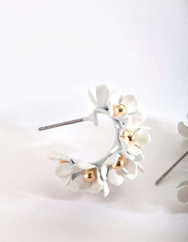 Mini White Flower Cluster Hoop Earrings