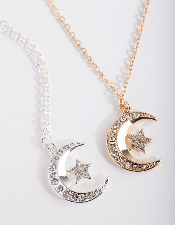Mixed Metal Diamante Moon Necklace 2 Pack