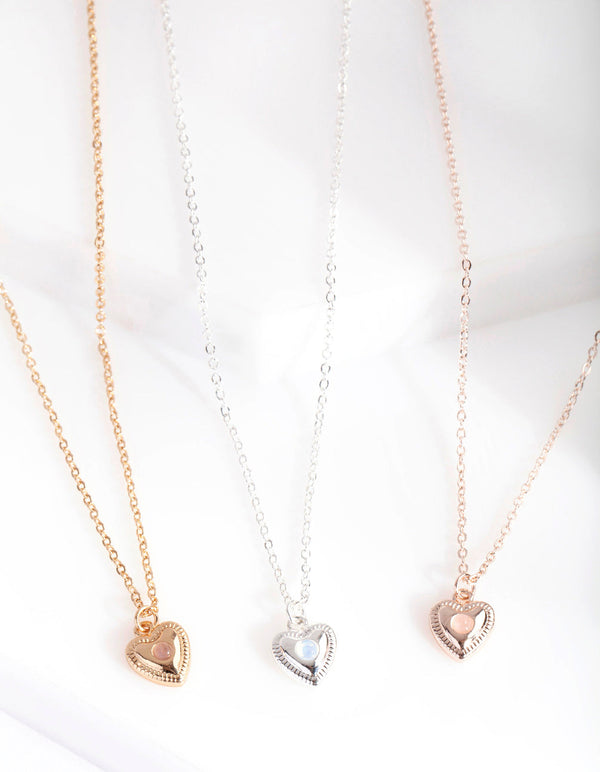 Mixed Metal 3 Pack Semi Precious Heart Necklace