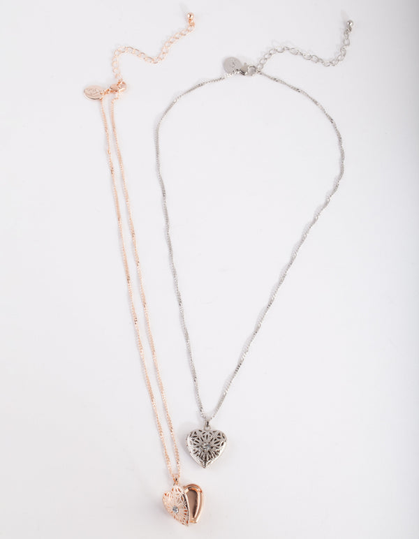 Mixed Metal Filigree Diamante Heart Necklace Set