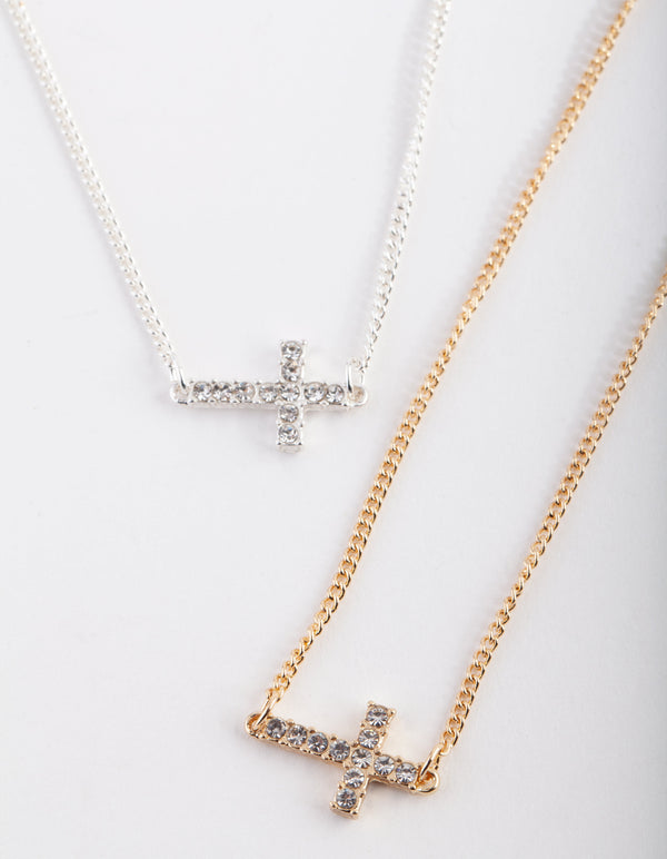 Mixed Metal Cross Necklace 2 Pack
